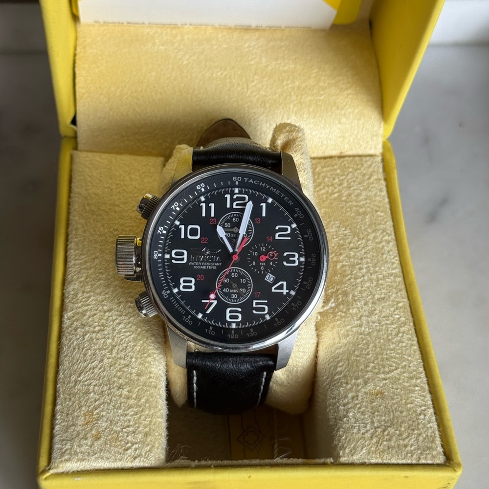 Invicta Black and Silver Watch with Leather Strap